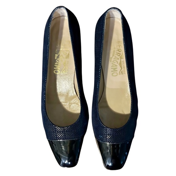 Salvatore Ferragamo Miria Suede & Patent Leather Block Heel Pumps - Picture 1 of 11